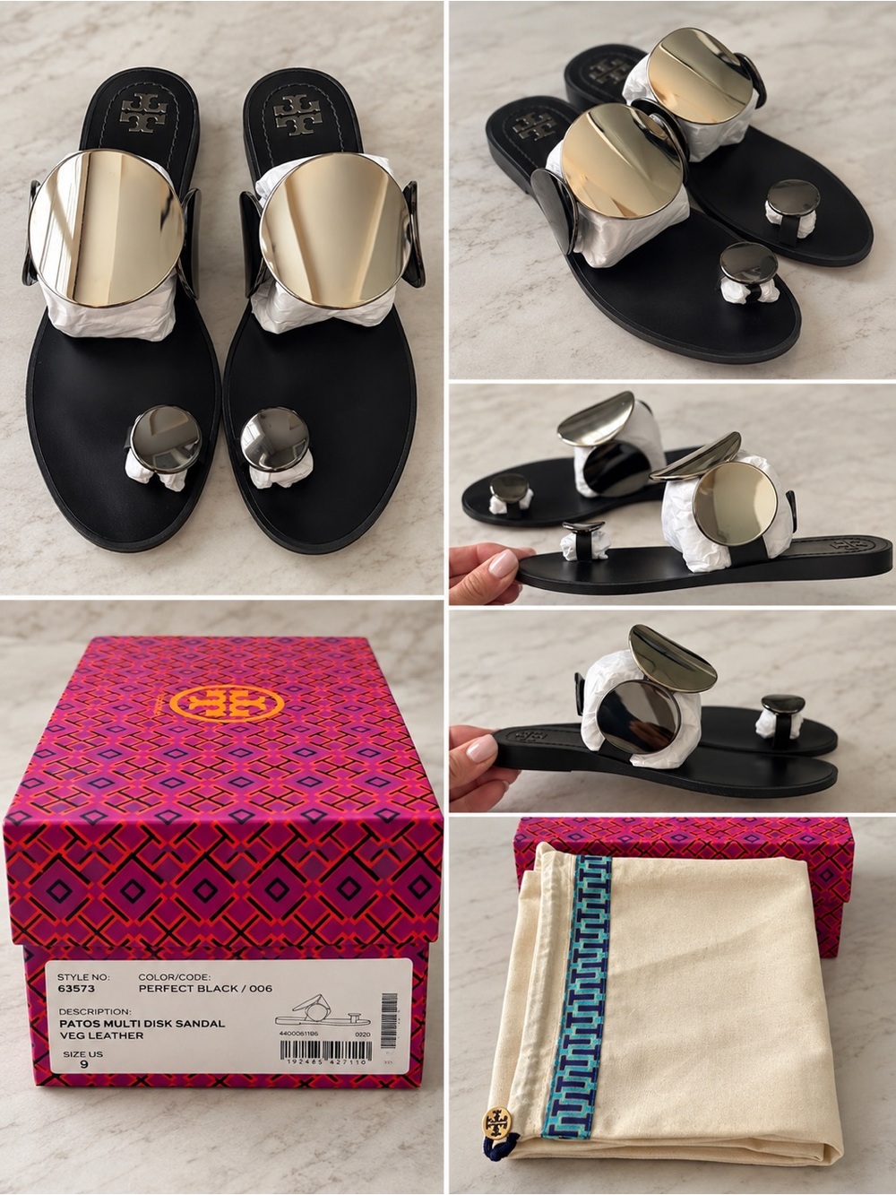 Tory Burch Patos Multi Disk Black Leather Sandals Size 9 w/ Box & Dust Bag